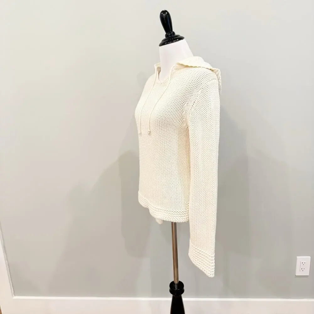 Vintage Y2K GAP Ivory Cotton Fisherman Sweater M Hooded Cable Knit Bell Sleeve